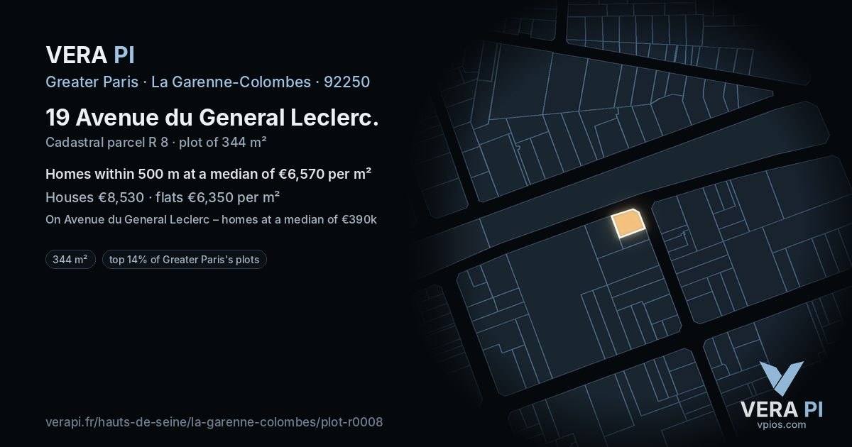19 Avenue du General Leclerc, La Garenne-Colombes at night – the plot lit, the parcels around coloured by the prices near them