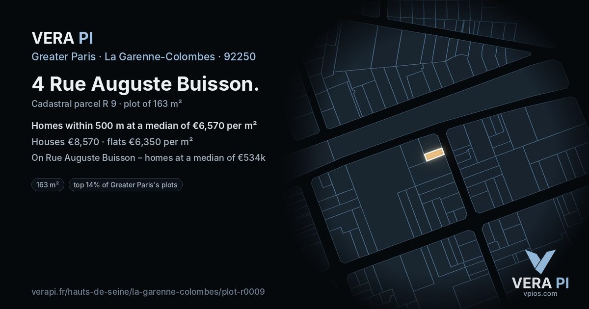 4 Rue Auguste Buisson, La Garenne-Colombes at night – the plot lit, the parcels around coloured by the prices near them