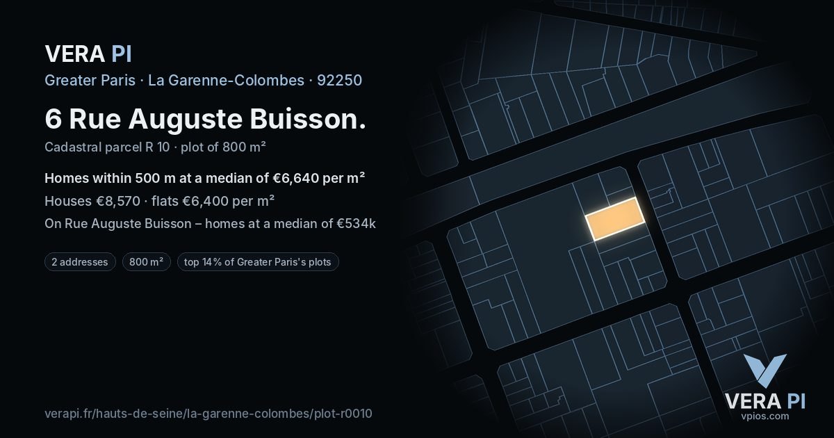 6 Rue Auguste Buisson, La Garenne-Colombes at night – the plot lit, the parcels around coloured by the prices near them