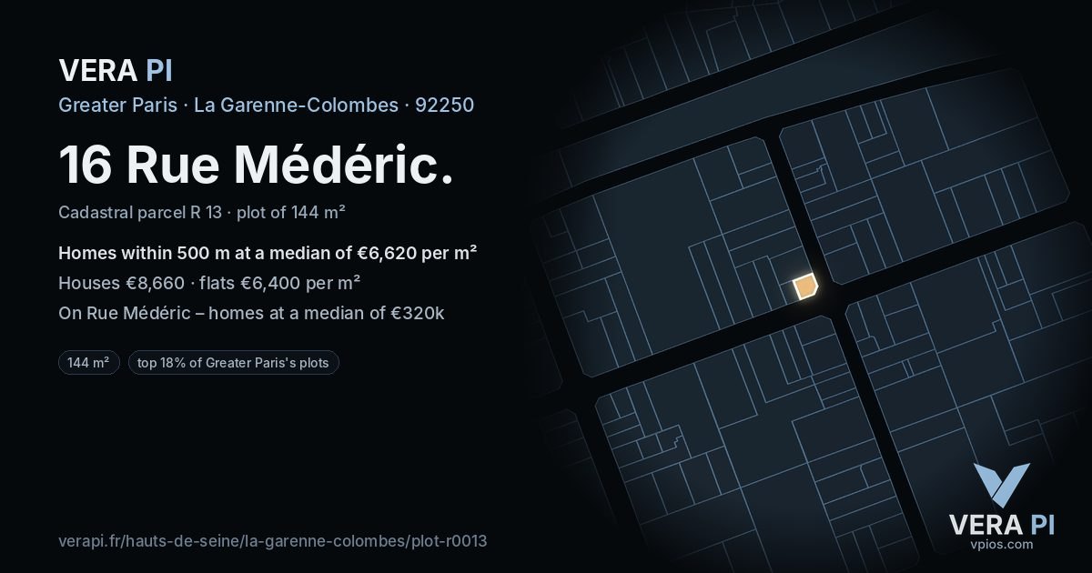 16 Rue Médéric, La Garenne-Colombes at night – the plot lit, the parcels around coloured by the prices near them