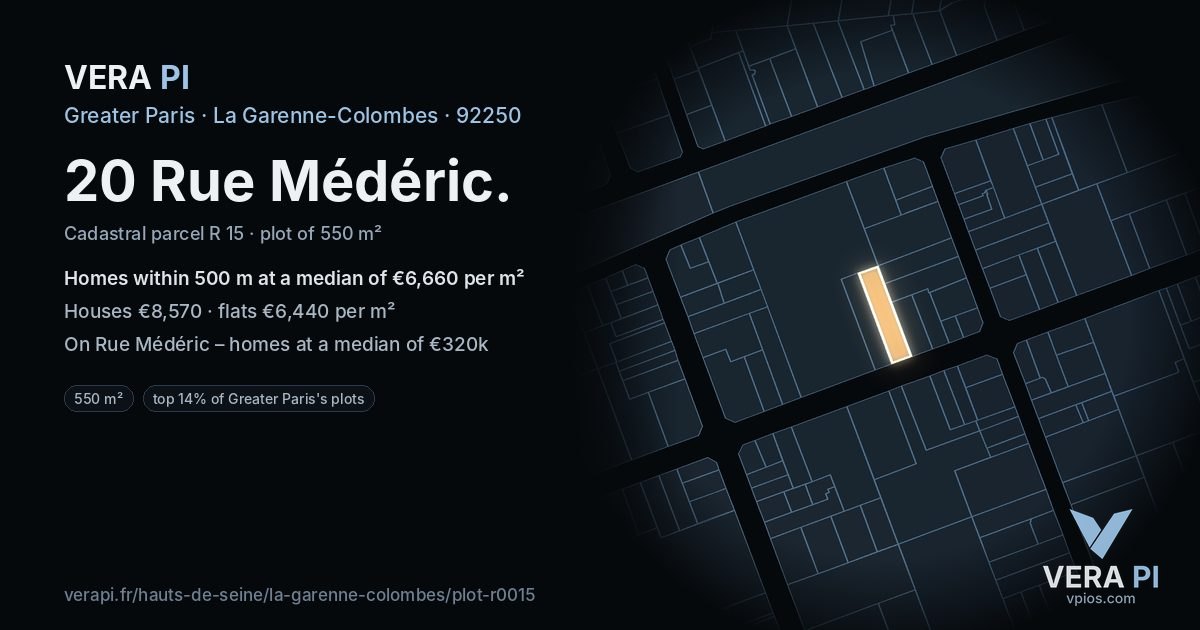 20 Rue Médéric, La Garenne-Colombes at night – the plot lit, the parcels around coloured by the prices near them