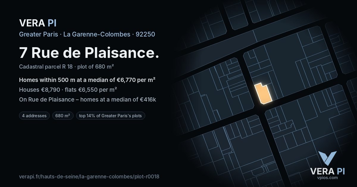 7 Rue de Plaisance, La Garenne-Colombes at night – the plot lit, the parcels around coloured by the prices near them