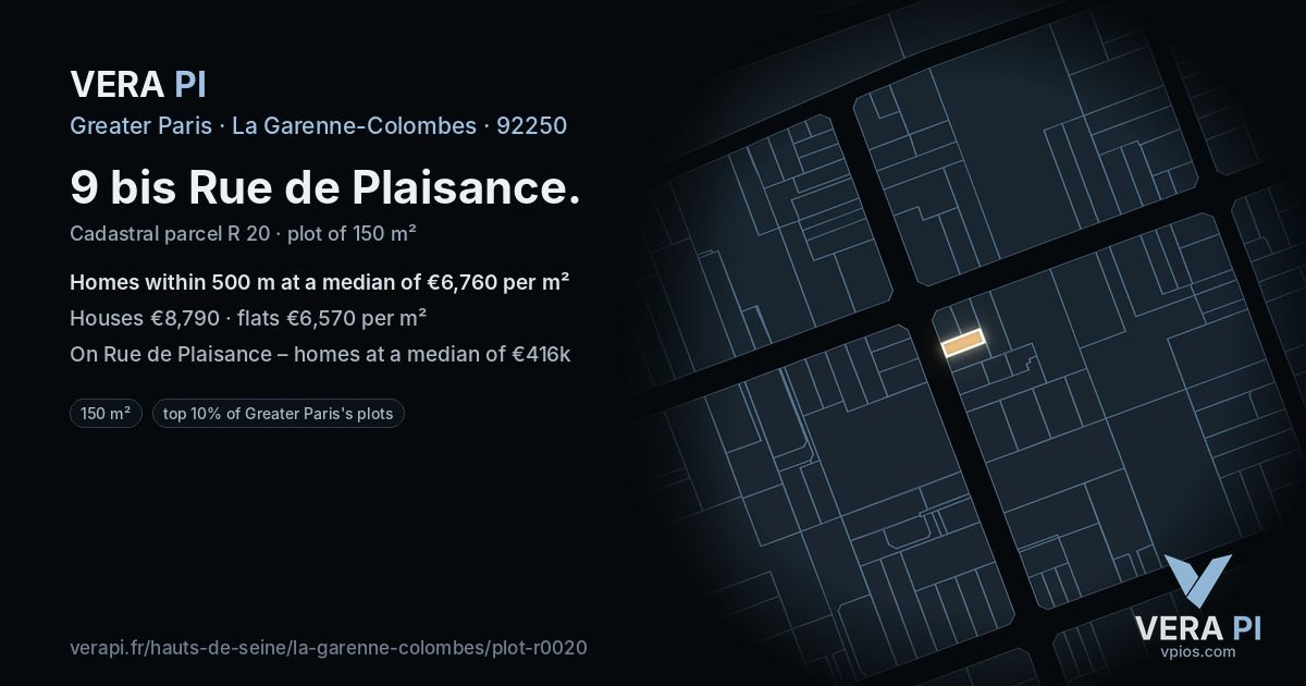 9 bis Rue de Plaisance, La Garenne-Colombes at night – the plot lit, the parcels around coloured by the prices near them