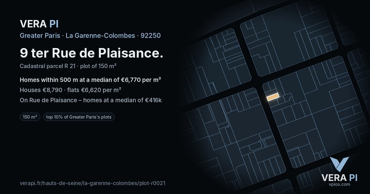 9 ter Rue de Plaisance, La Garenne-Colombes at night – the plot lit, the parcels around coloured by the prices near them