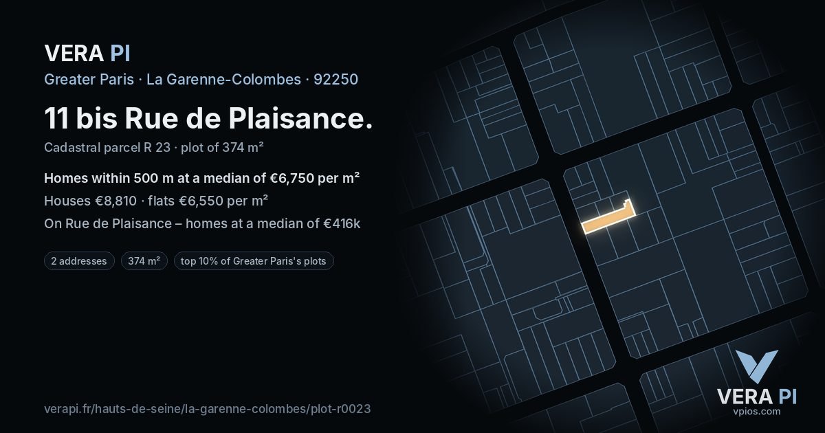 11 bis Rue de Plaisance, La Garenne-Colombes at night – the plot lit, the parcels around coloured by the prices near them