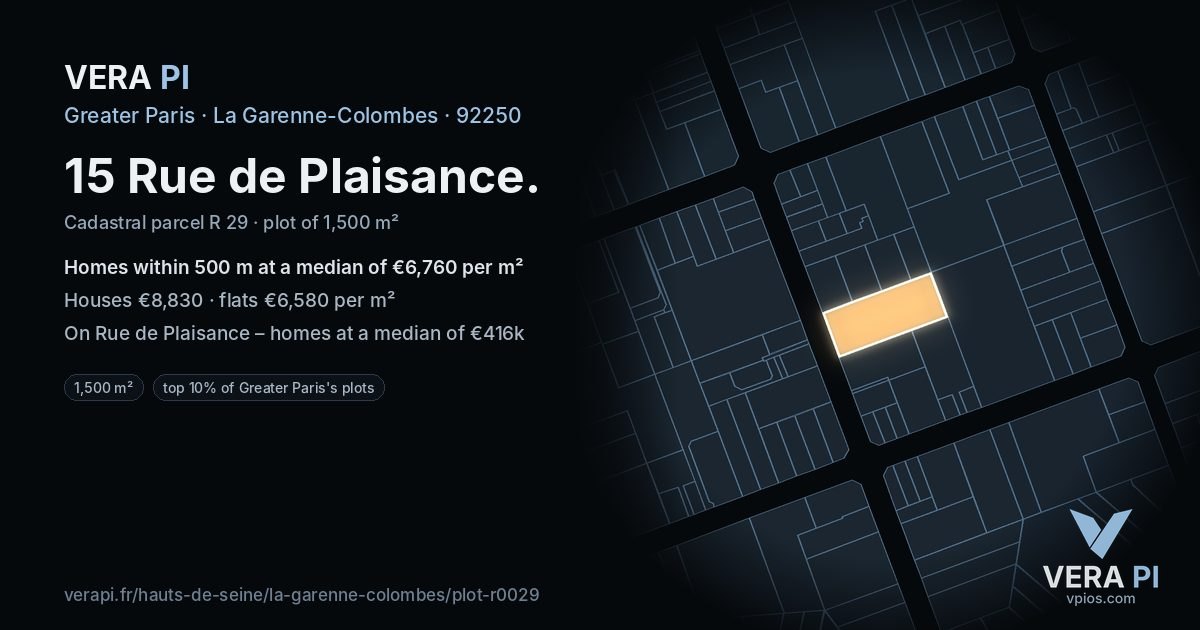 15 Rue de Plaisance, La Garenne-Colombes at night – the plot lit, the parcels around coloured by the prices near them