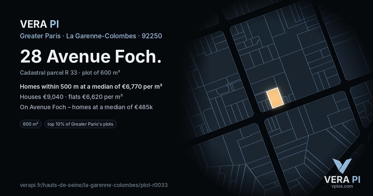 28 Avenue Foch, La Garenne-Colombes at night – the plot lit, the parcels around coloured by the prices near them