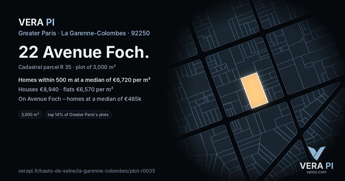 22 Avenue Foch, La Garenne-Colombes at night – the plot lit, the parcels around coloured by the prices near them