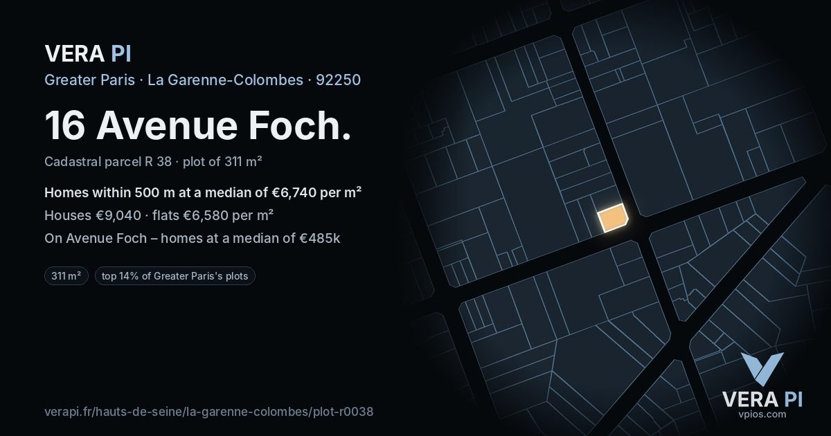16 Avenue Foch, La Garenne-Colombes at night – the plot lit, the parcels around coloured by the prices near them