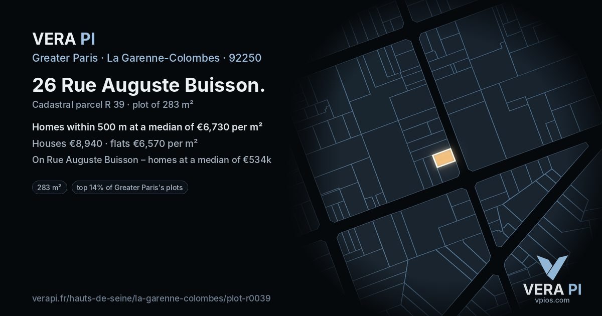 26 Rue Auguste Buisson, La Garenne-Colombes at night – the plot lit, the parcels around coloured by the prices near them