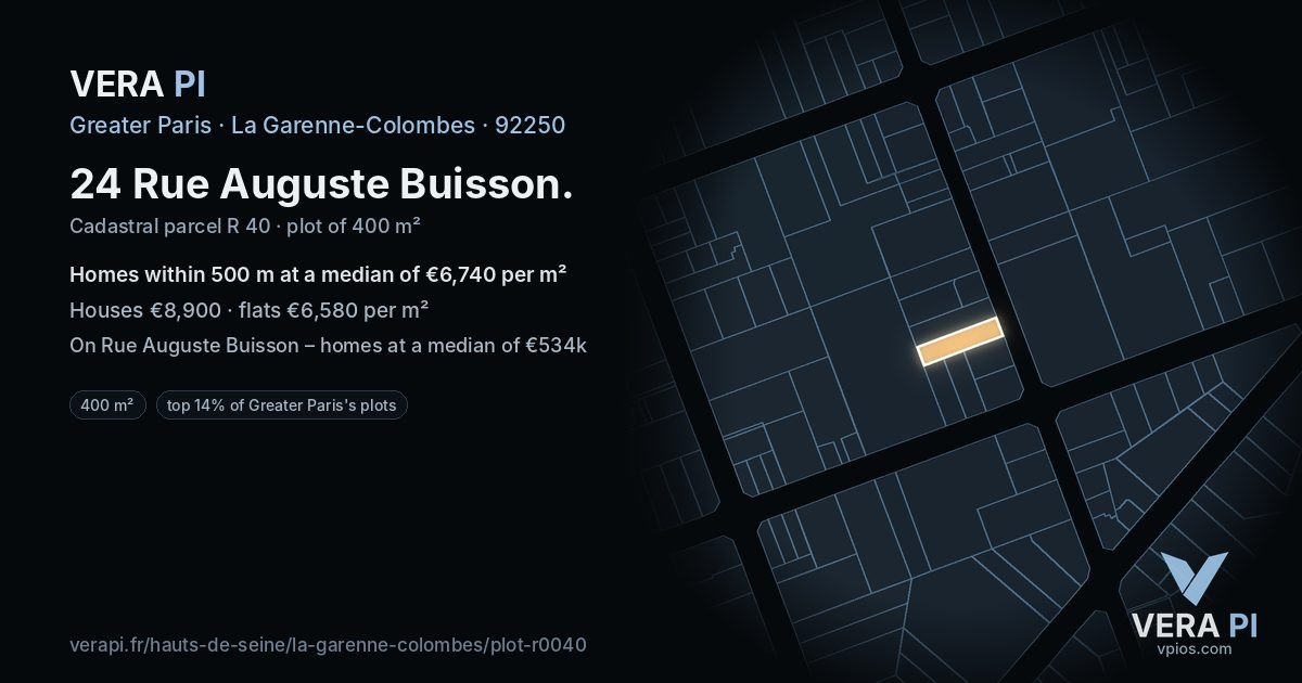 24 Rue Auguste Buisson, La Garenne-Colombes at night – the plot lit, the parcels around coloured by the prices near them