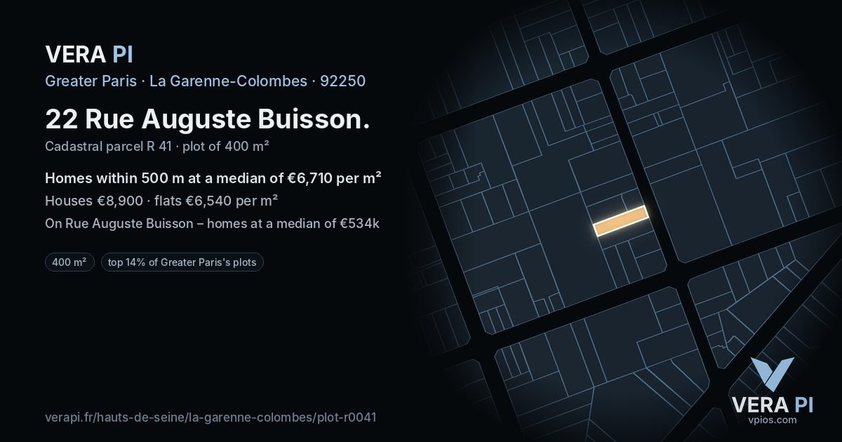 22 Rue Auguste Buisson, La Garenne-Colombes at night – the plot lit, the parcels around coloured by the prices near them