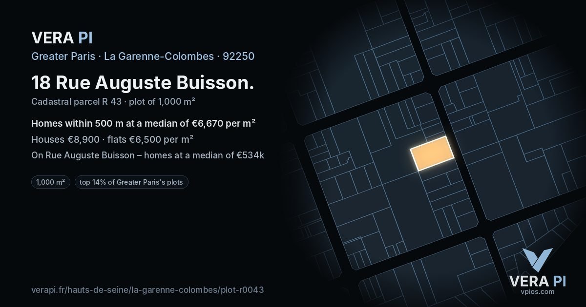 18 Rue Auguste Buisson, La Garenne-Colombes at night – the plot lit, the parcels around coloured by the prices near them