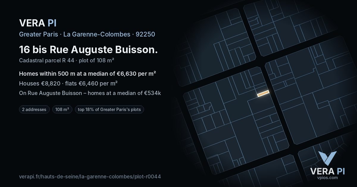 16 bis Rue Auguste Buisson, La Garenne-Colombes at night – the plot lit, the parcels around coloured by the prices near them