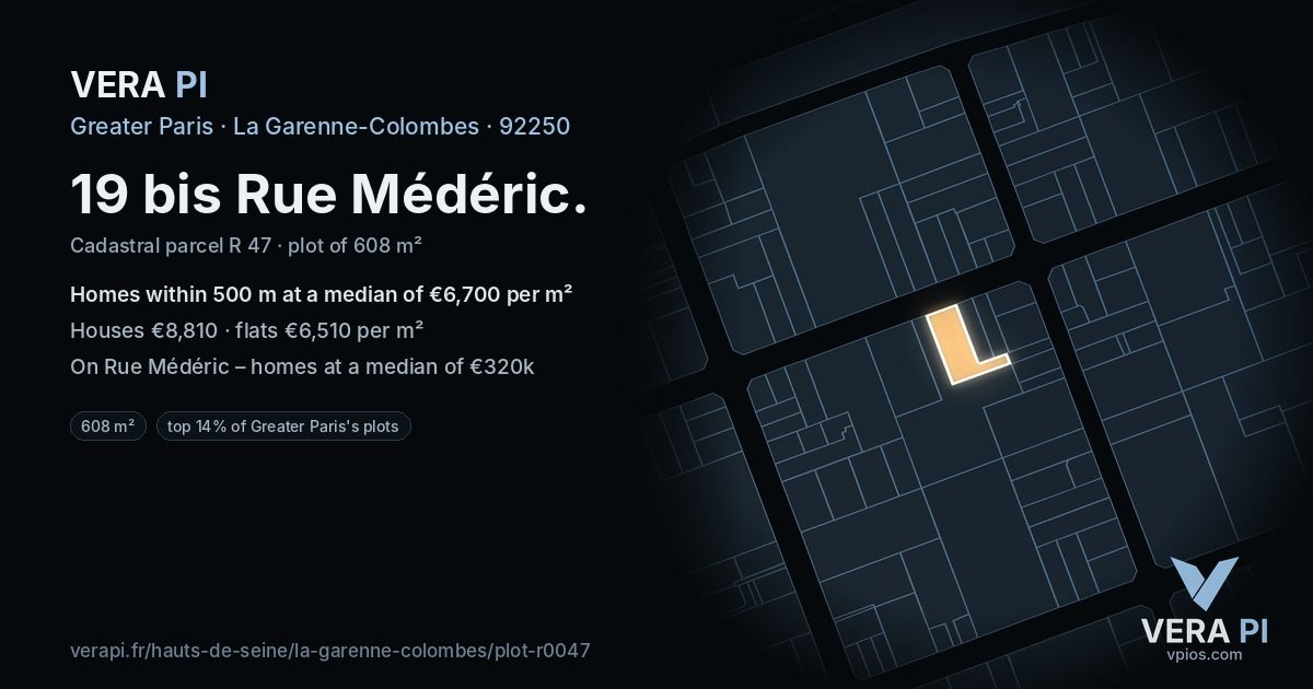 19 bis Rue Médéric, La Garenne-Colombes at night – the plot lit, the parcels around coloured by the prices near them