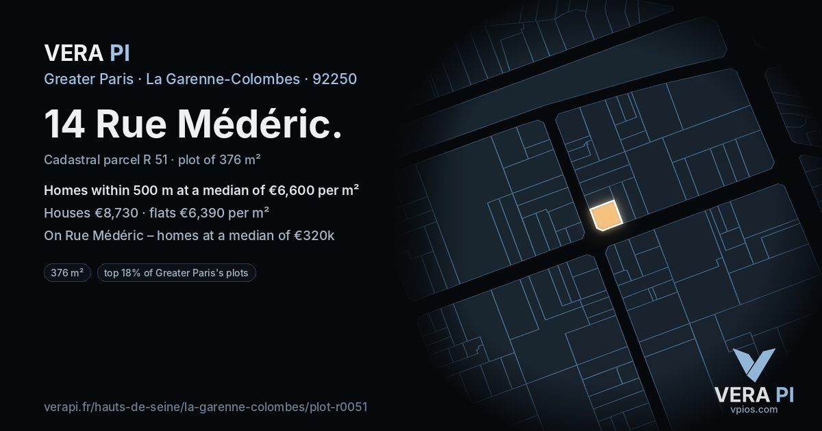 14 Rue Médéric, La Garenne-Colombes at night – the plot lit, the parcels around coloured by the prices near them