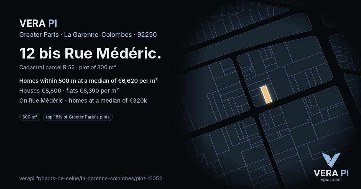 12 bis Rue Médéric, La Garenne-Colombes at night – the plot lit, the parcels around coloured by the prices near them