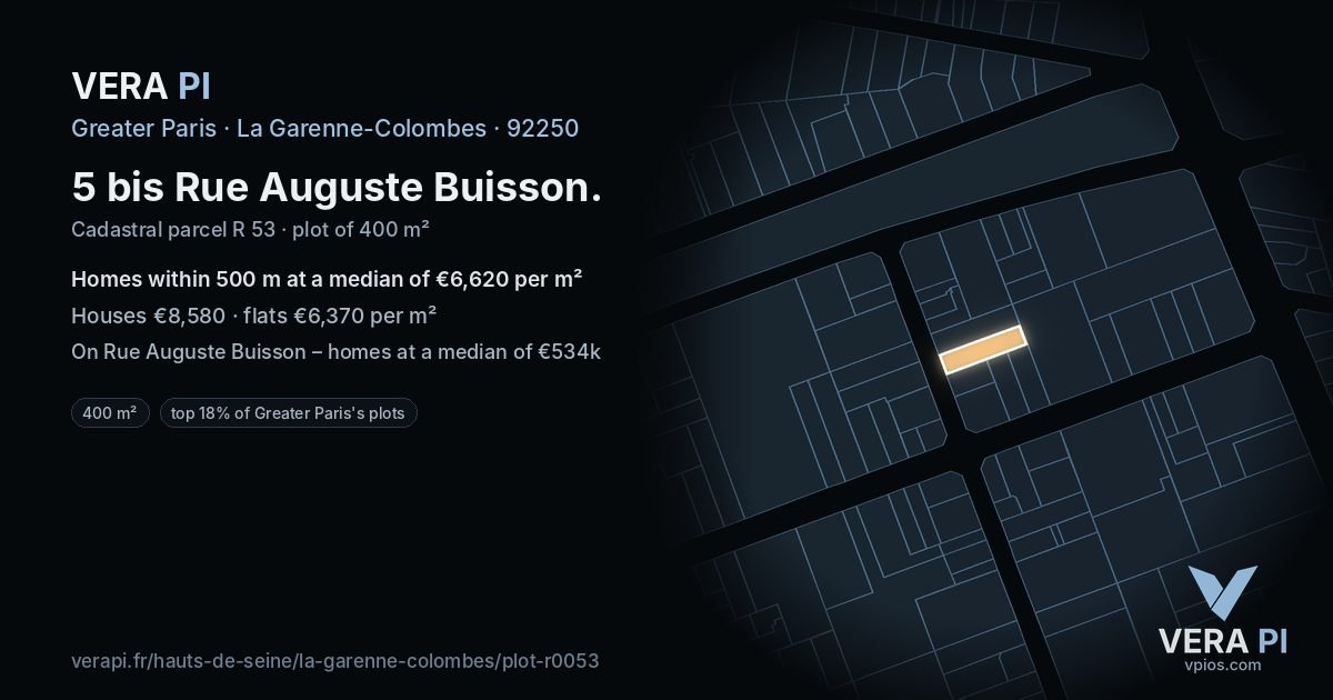5 bis Rue Auguste Buisson, La Garenne-Colombes at night – the plot lit, the parcels around coloured by the prices near them