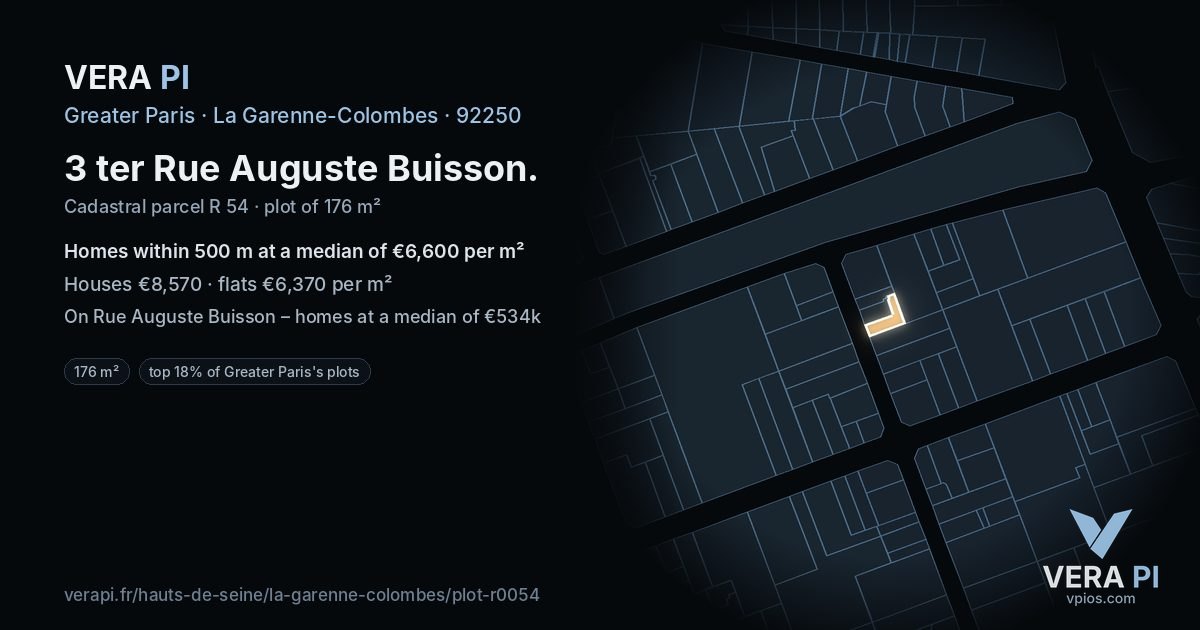 3 ter Rue Auguste Buisson, La Garenne-Colombes at night – the plot lit, the parcels around coloured by the prices near them