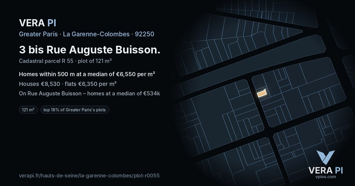 3 bis Rue Auguste Buisson, La Garenne-Colombes at night – the plot lit, the parcels around coloured by the prices near them