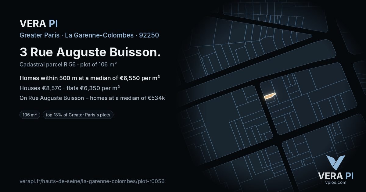 3 Rue Auguste Buisson, La Garenne-Colombes at night – the plot lit, the parcels around coloured by the prices near them