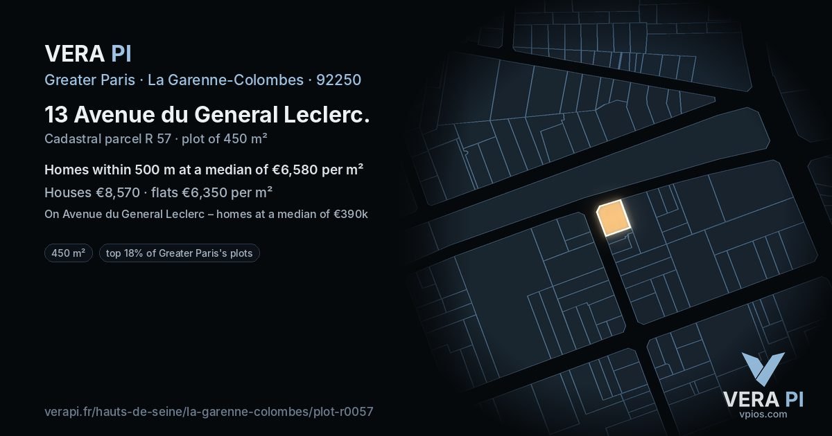 13 Avenue du General Leclerc, La Garenne-Colombes at night – the plot lit, the parcels around coloured by the prices near them