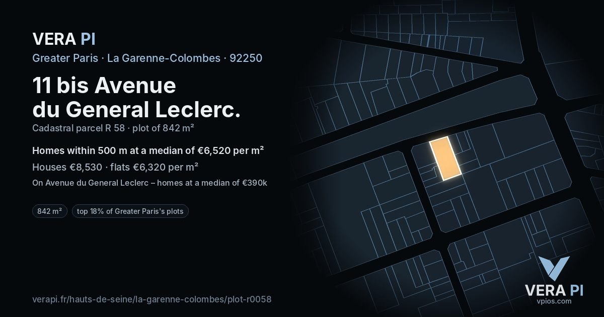 11 bis Avenue du General Leclerc, La Garenne-Colombes at night – the plot lit, the parcels around coloured by the prices near them