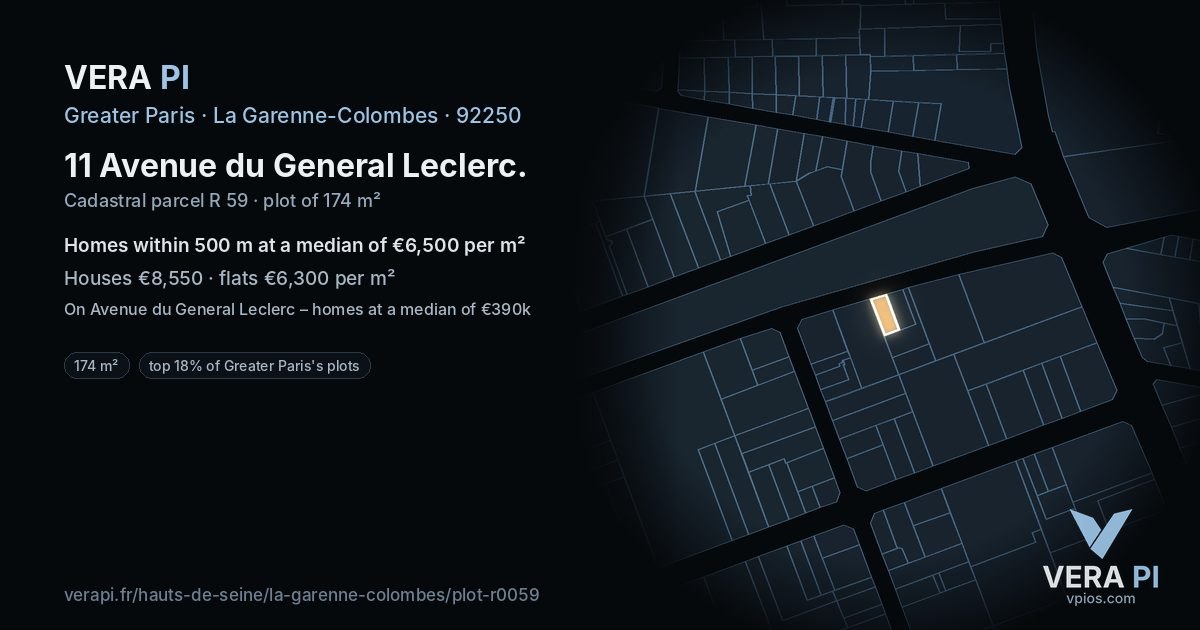11 Avenue du General Leclerc, La Garenne-Colombes at night – the plot lit, the parcels around coloured by the prices near them