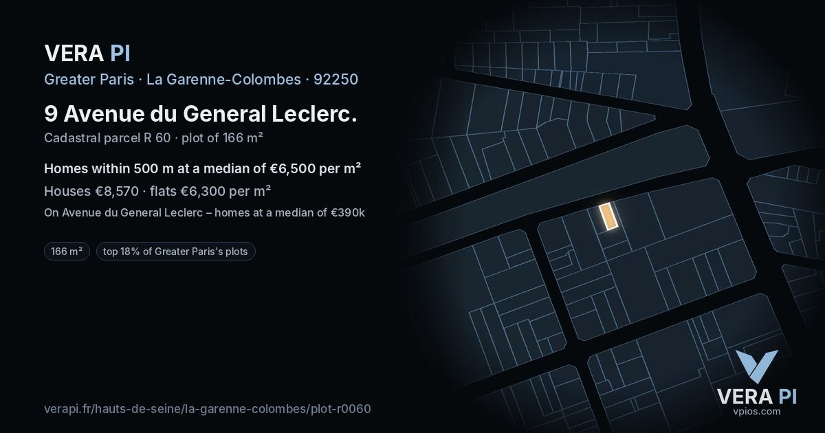 9 Avenue du General Leclerc, La Garenne-Colombes at night – the plot lit, the parcels around coloured by the prices near them