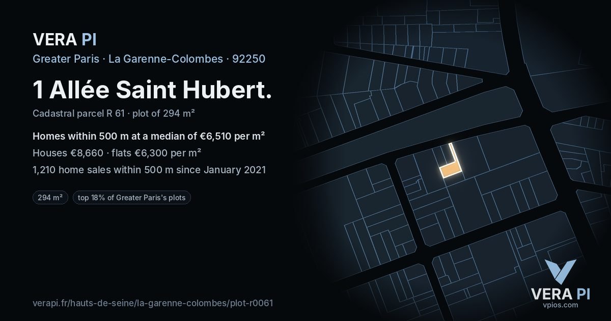 1 Allée Saint Hubert, La Garenne-Colombes at night – the plot lit, the parcels around coloured by the prices near them