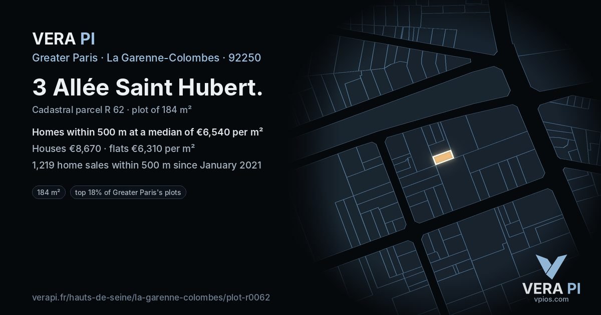 3 Allée Saint Hubert, La Garenne-Colombes at night – the plot lit, the parcels around coloured by the prices near them