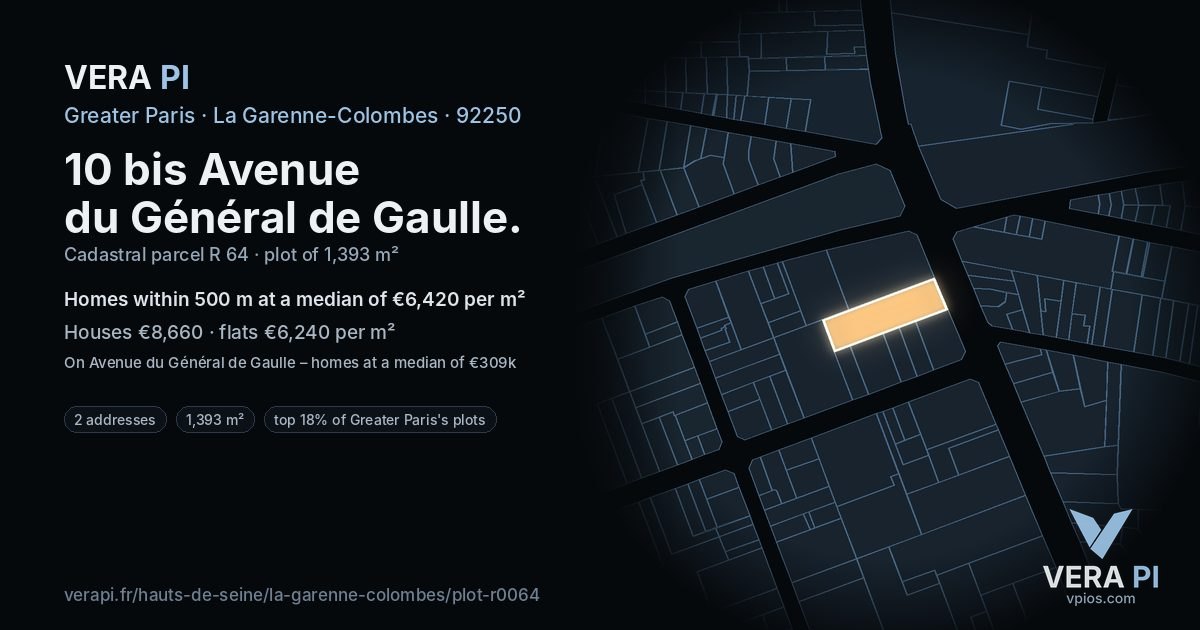 10 bis Avenue du Général de Gaulle, La Garenne-Colombes at night – the plot lit, the parcels around coloured by the prices near them