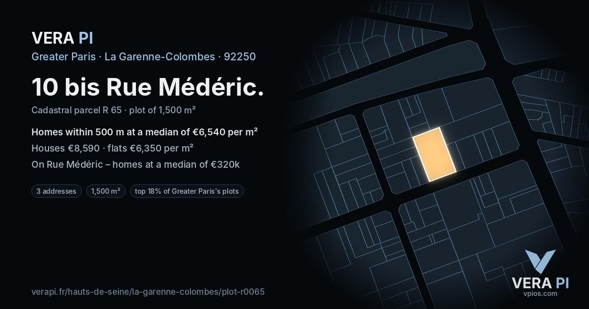 10 bis Rue Médéric, La Garenne-Colombes at night – the plot lit, the parcels around coloured by the prices near them