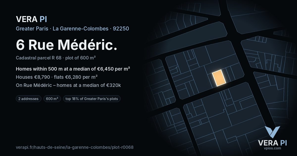 6 Rue Médéric, La Garenne-Colombes at night – the plot lit, the parcels around coloured by the prices near them