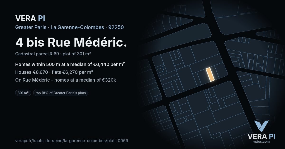 4 bis Rue Médéric, La Garenne-Colombes at night – the plot lit, the parcels around coloured by the prices near them