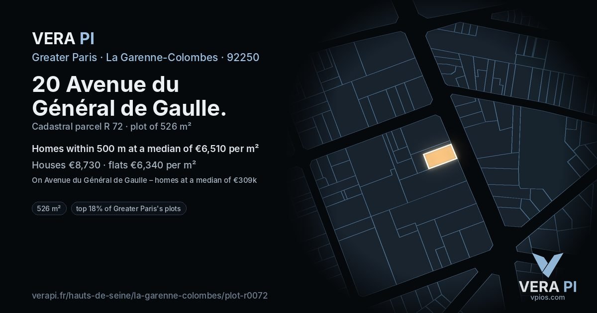 20 Avenue du Général de Gaulle, La Garenne-Colombes at night – the plot lit, the parcels around coloured by the prices near them