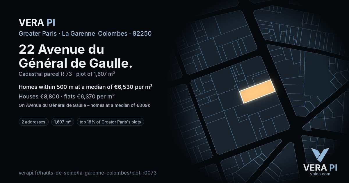 22 Avenue du Général de Gaulle, La Garenne-Colombes at night – the plot lit, the parcels around coloured by the prices near them
