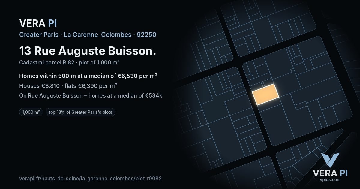 13 Rue Auguste Buisson, La Garenne-Colombes at night – the plot lit, the parcels around coloured by the prices near them