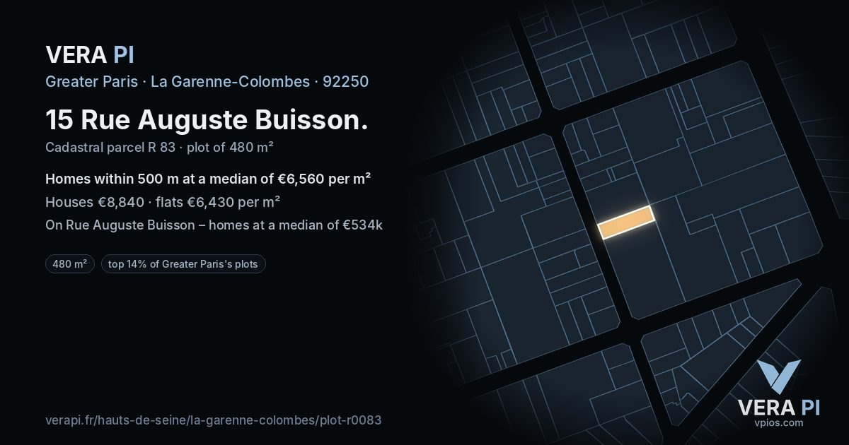 15 Rue Auguste Buisson, La Garenne-Colombes at night – the plot lit, the parcels around coloured by the prices near them