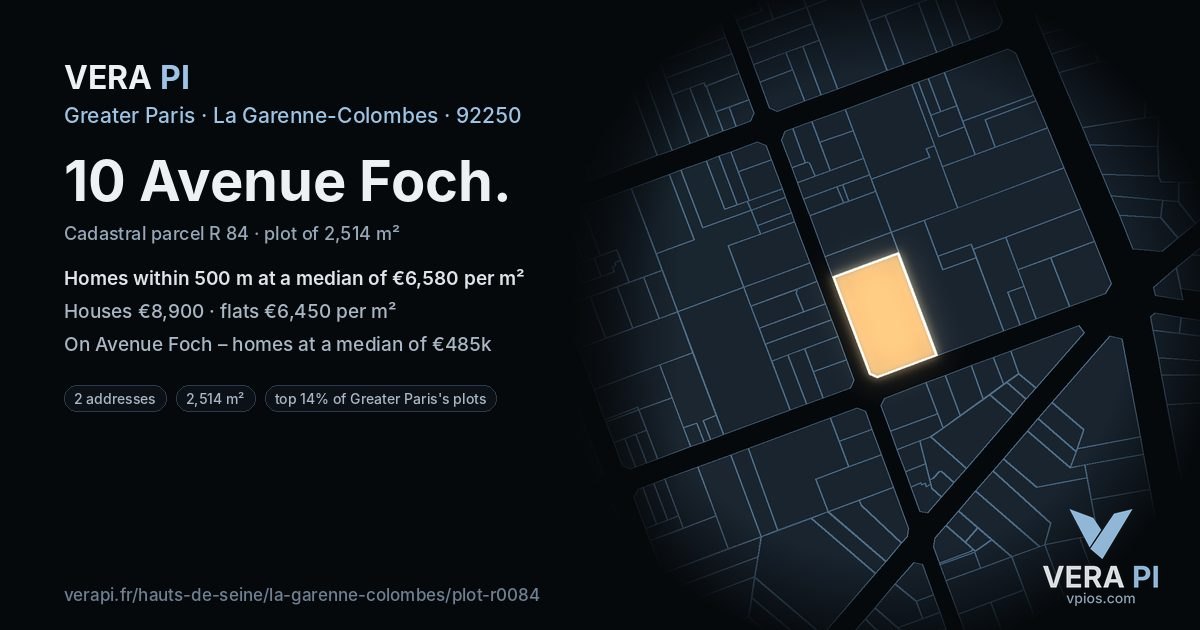 10 Avenue Foch, La Garenne-Colombes at night – the plot lit, the parcels around coloured by the prices near them
