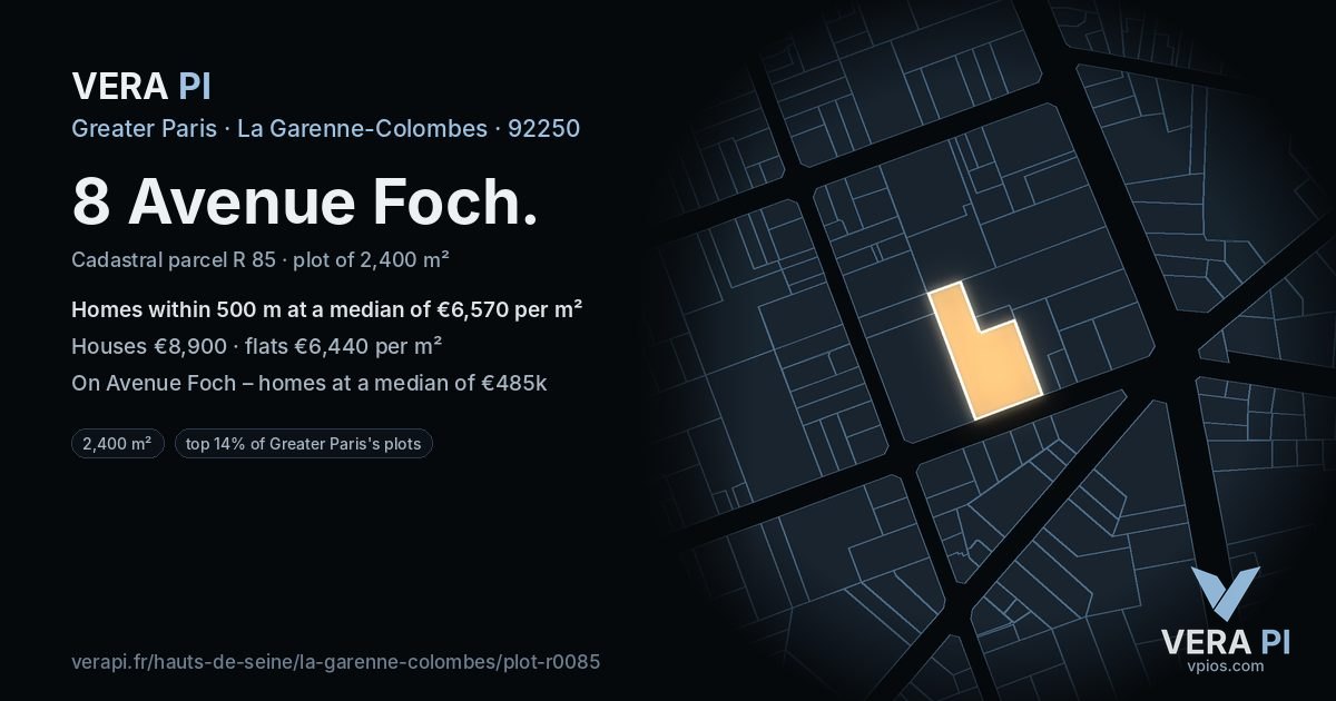 8 Avenue Foch, La Garenne-Colombes at night – the plot lit, the parcels around coloured by the prices near them