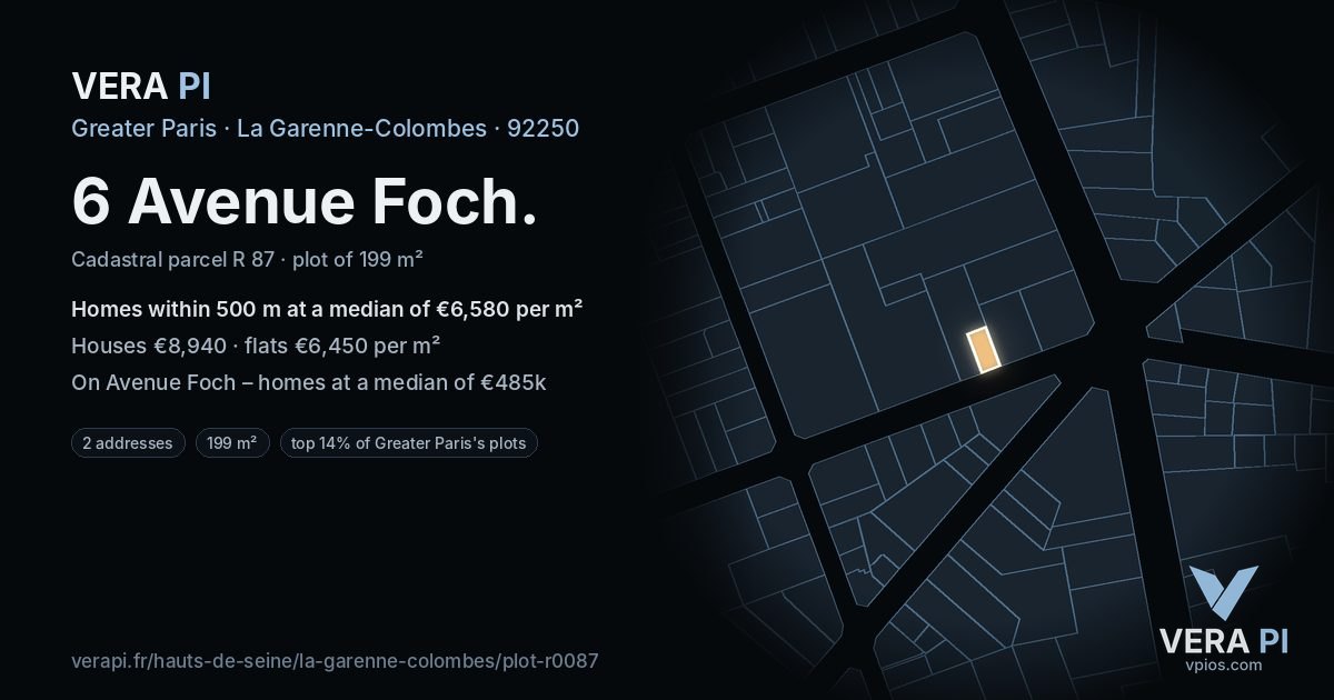 6 Avenue Foch, La Garenne-Colombes at night – the plot lit, the parcels around coloured by the prices near them