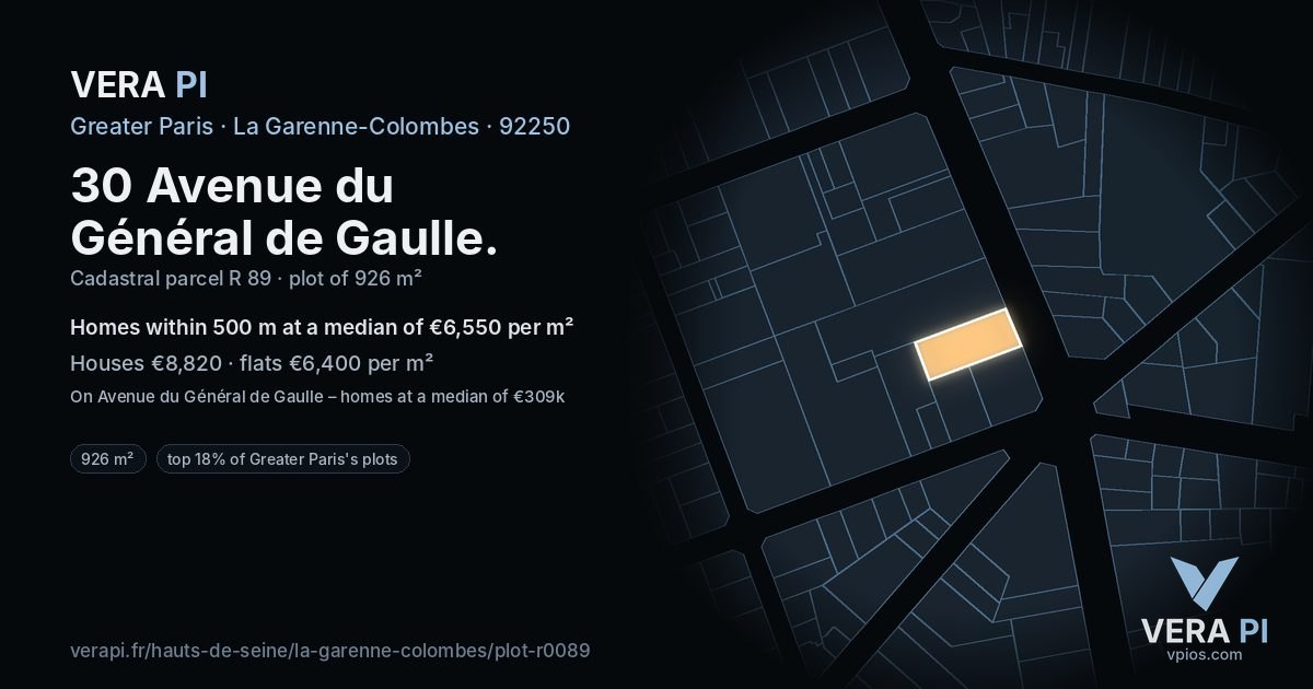 30 Avenue du Général de Gaulle, La Garenne-Colombes at night – the plot lit, the parcels around coloured by the prices near them