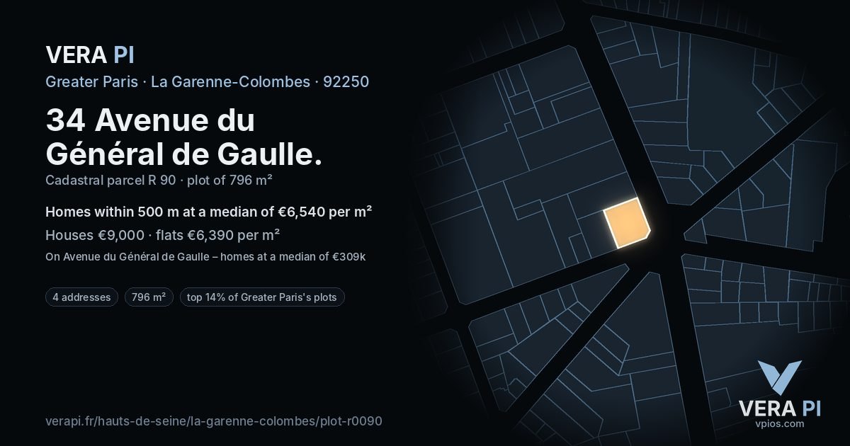 34 Avenue du Général de Gaulle, La Garenne-Colombes at night – the plot lit, the parcels around coloured by the prices near them