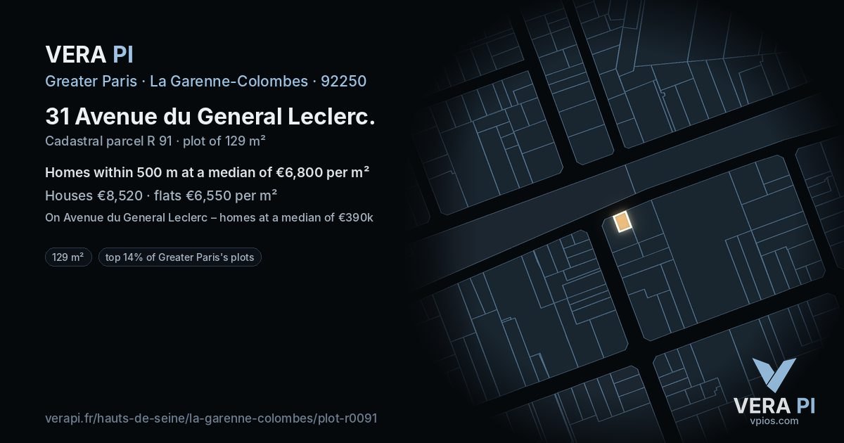 31 Avenue du General Leclerc, La Garenne-Colombes at night – the plot lit, the parcels around coloured by the prices near them