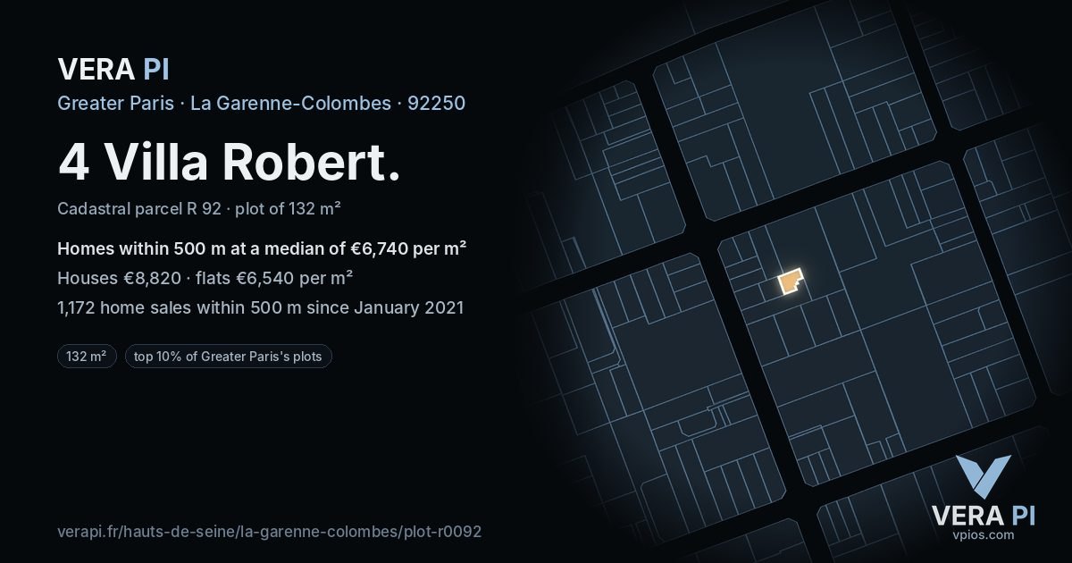 4 Villa Robert, La Garenne-Colombes at night – the plot lit, the parcels around coloured by the prices near them