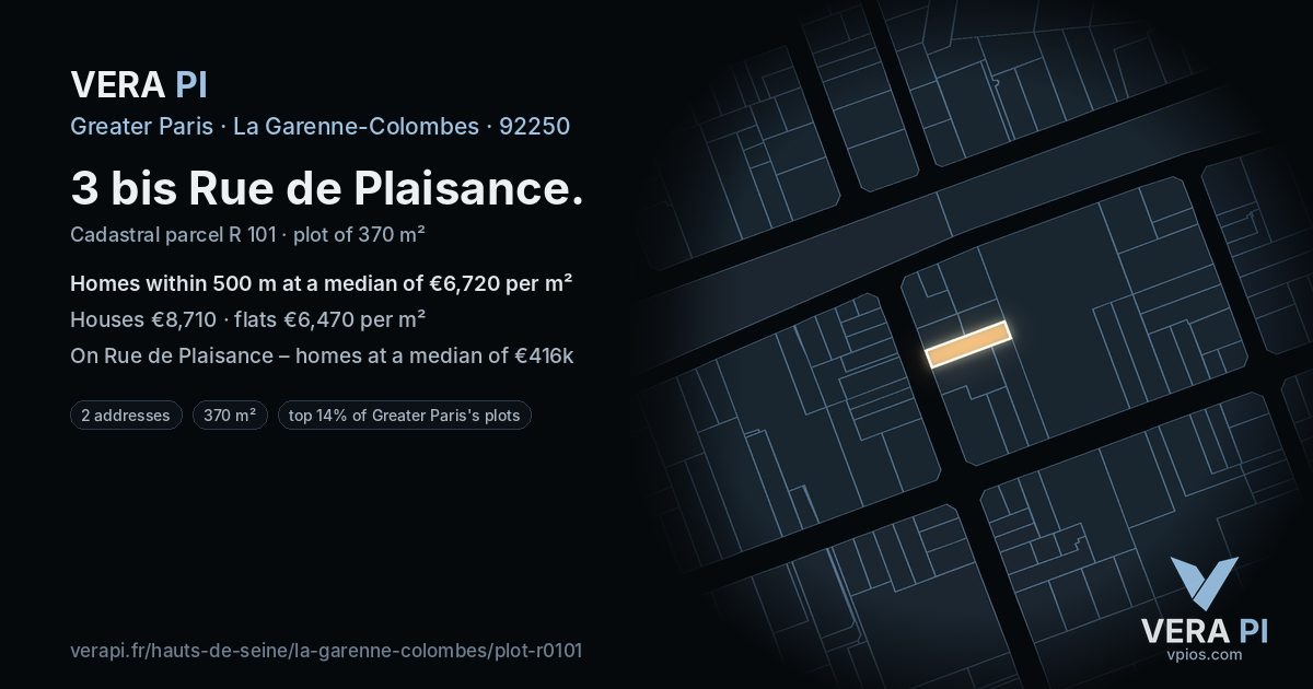 3 bis Rue de Plaisance, La Garenne-Colombes at night – the plot lit, the parcels around coloured by the prices near them