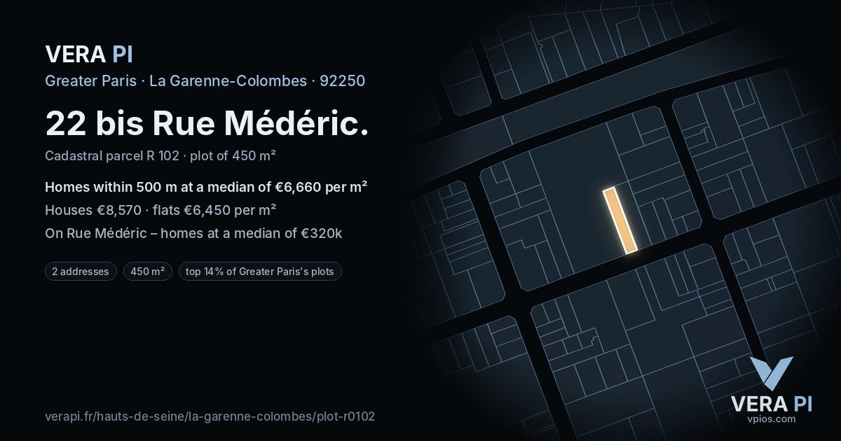 22 bis Rue Médéric, La Garenne-Colombes at night – the plot lit, the parcels around coloured by the prices near them