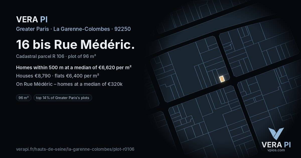 16 bis Rue Médéric, La Garenne-Colombes at night – the plot lit, the parcels around coloured by the prices near them