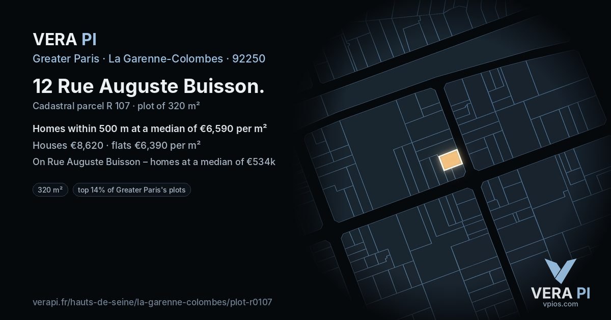 12 Rue Auguste Buisson, La Garenne-Colombes at night – the plot lit, the parcels around coloured by the prices near them